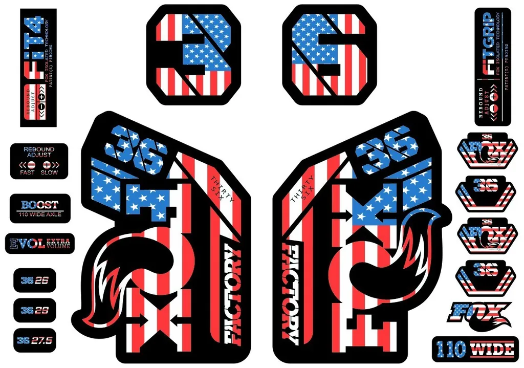 FOX 36 Fork Decal Sticker Set 2021 Factory MTB Suspension Graphics – USA Theme - 1